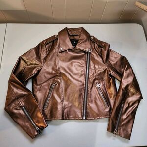 7 For All Mankind Jacket Womens Med Bronze Asymmetrical Biker Moto Faux Leather